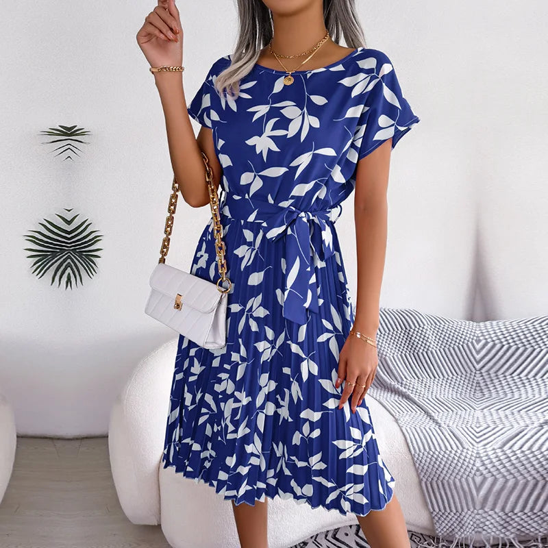 Women Dresses™ Spring Summer Short Sleeve High Waist Floral Pleated A Line Long Dress