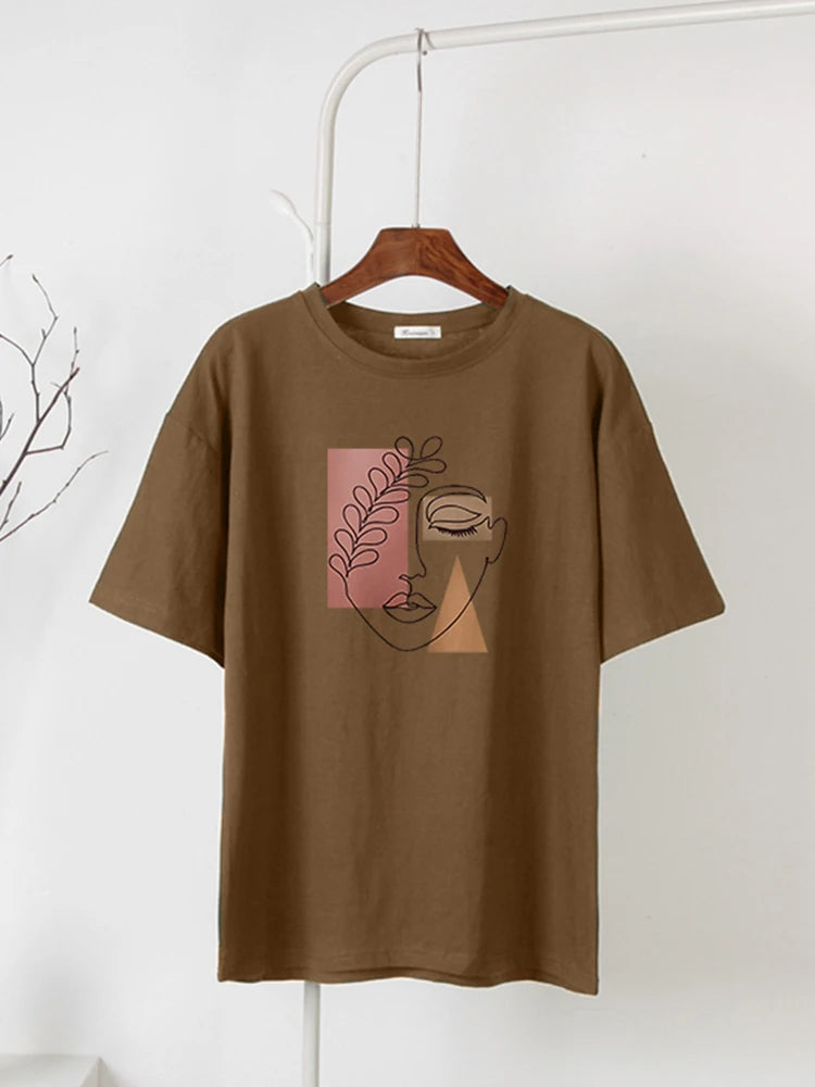 Women's Hirsionsan Aesthetic Character Printed T Shirt™  Vintage Soft Summer Cotton Basic Loose Tops