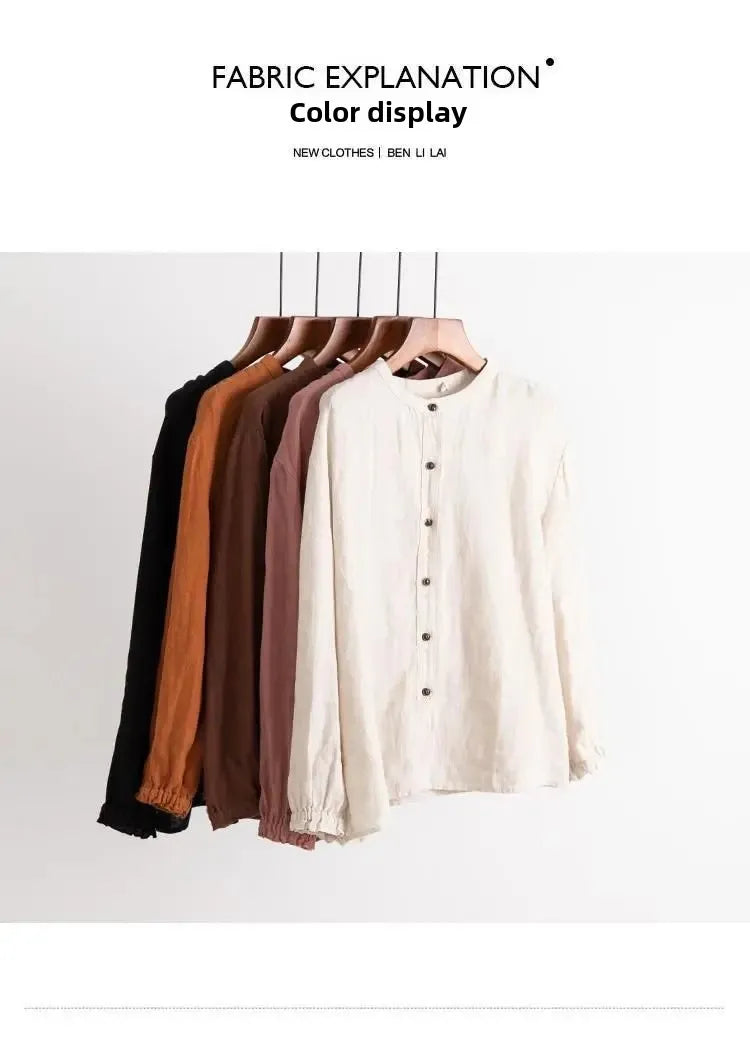 Women's Cotton Linen Shirts™ Loose Fit Round Neck Plus Lantern Sleeve Shirt