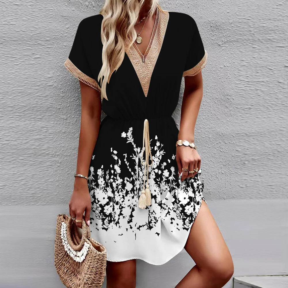 Women's Medium Length Dress™ Bat Sleeves  V-Neck Waist Wrap Lace Dress