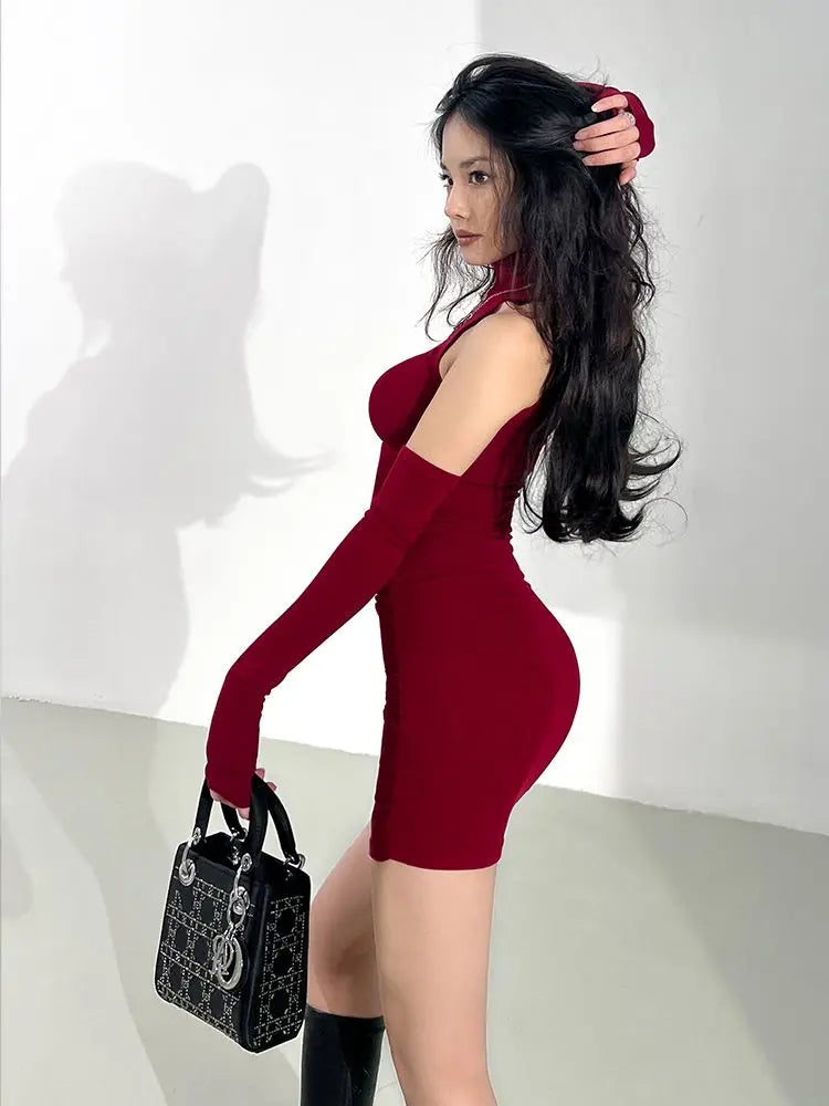 Women's High Neck Mini Dress™ Over-sleeve Pleated Bodycon Tank Hip Wrap Dresses