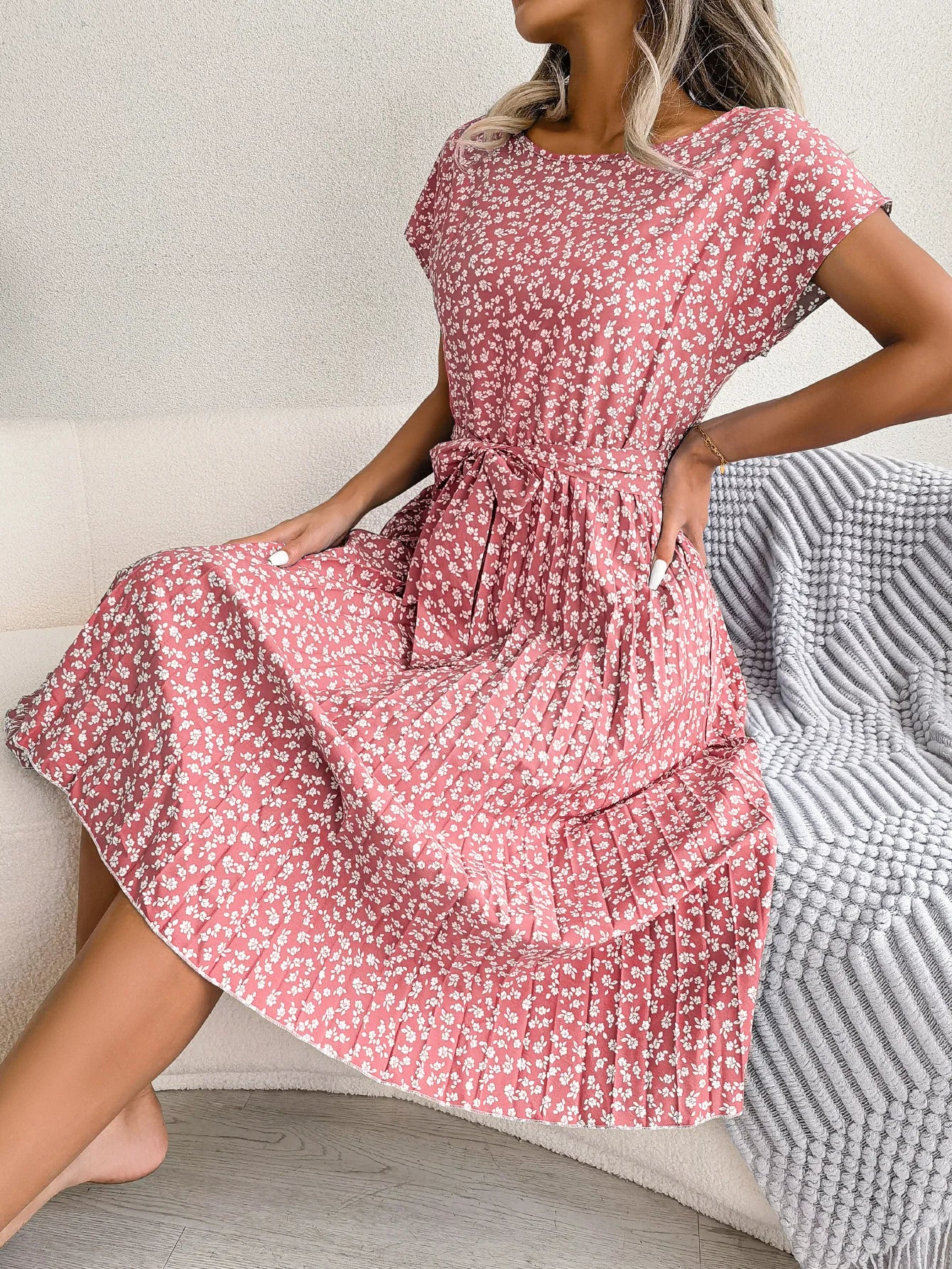 Women Dresses™ Spring Summer Short Sleeve High Waist Floral Pleated A Line Long Dress