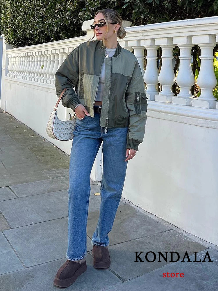 Women's Army green Bomber™ Jackets  KONDALA Patchwork Zipper Pockets Oversized Coats