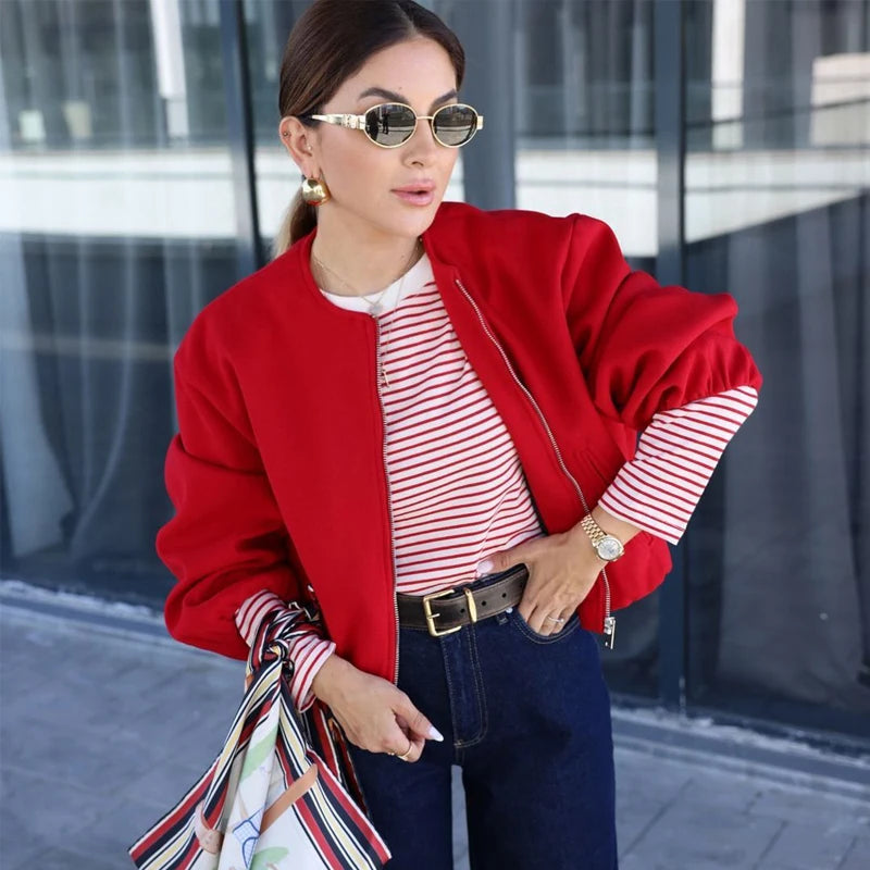 Women's Zipper Bomber Jackets™ TRAF Soft Cropped Long Sleeve Sports Jacket