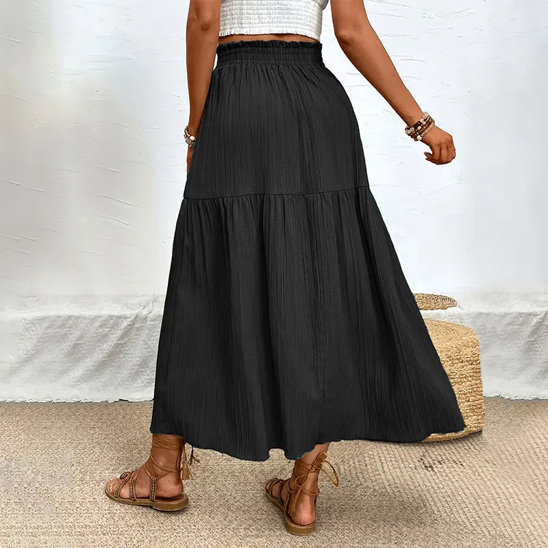 Women Bohemian Midi Skirt™ High Waist Solid A Line Ruffle Side Slit Skirts