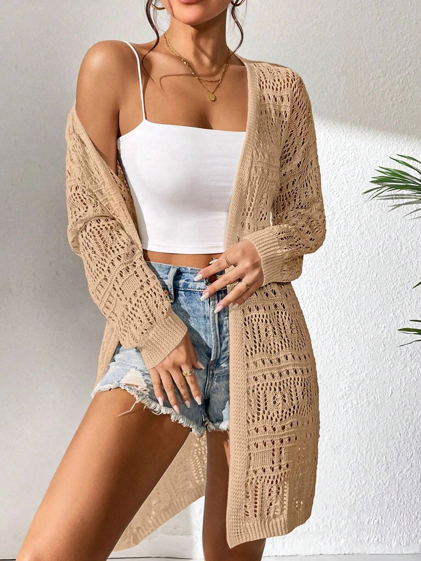 Women's solid color knitted cardigan sweater™ loose fitting fashion mid length cardigan