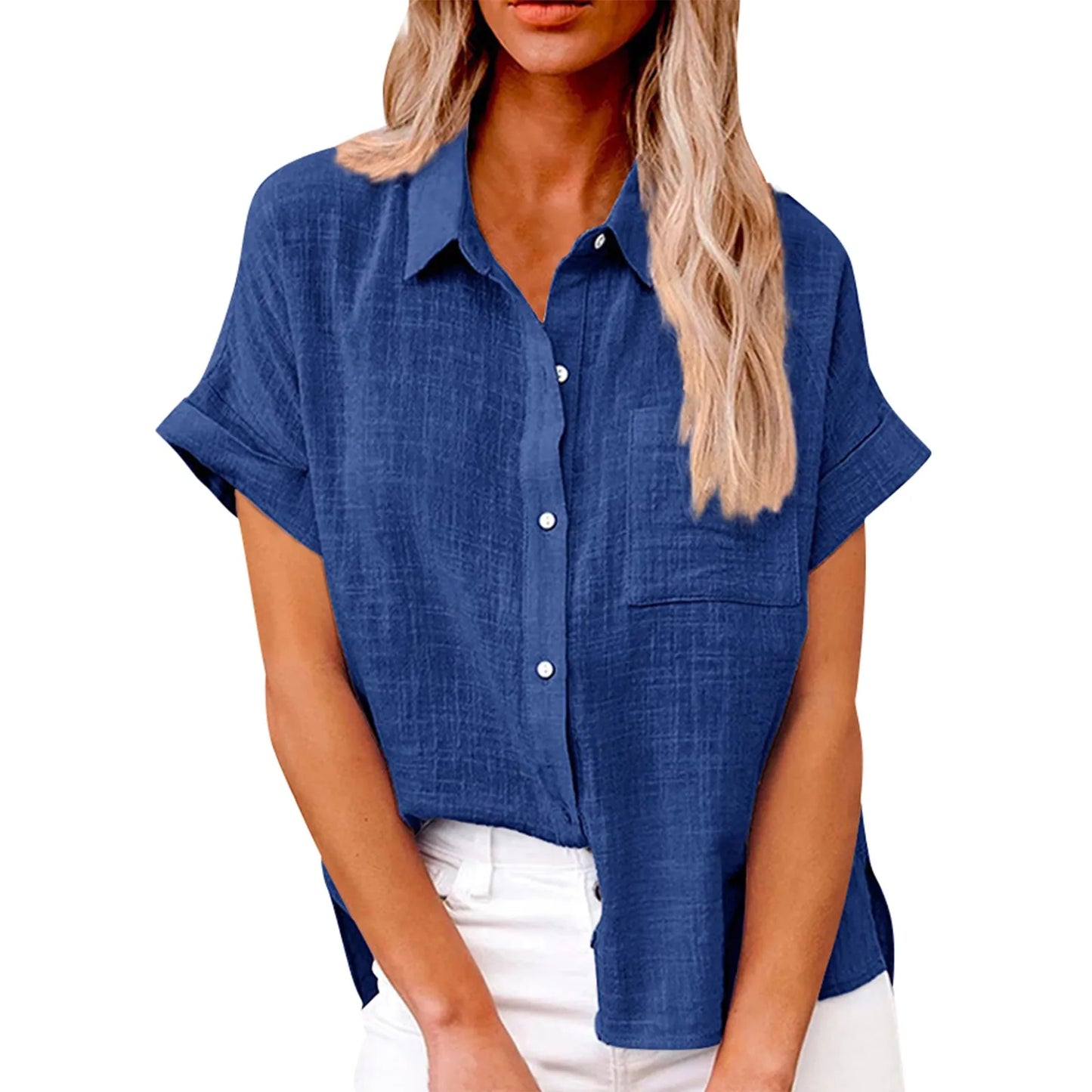 Women's  Cotton Linen Classic Shirts™ Short Sleeve Lapel Button Down Shirt