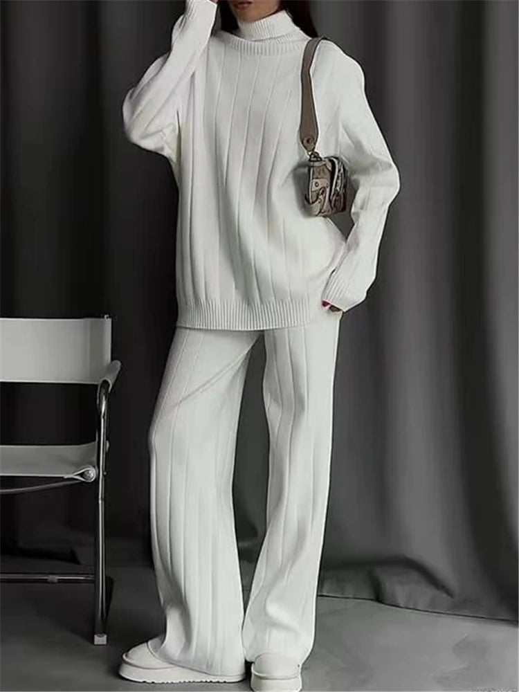 REALEFT Women's Knitted Tracksuit™ Turtleneck Sweater and Straight Jogging Pant Suits