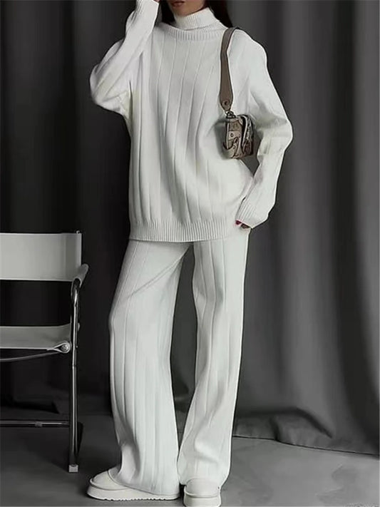 REALEFT Women's Knitted Tracksuit™ Turtleneck Sweater and Straight Jogging Pant Suits