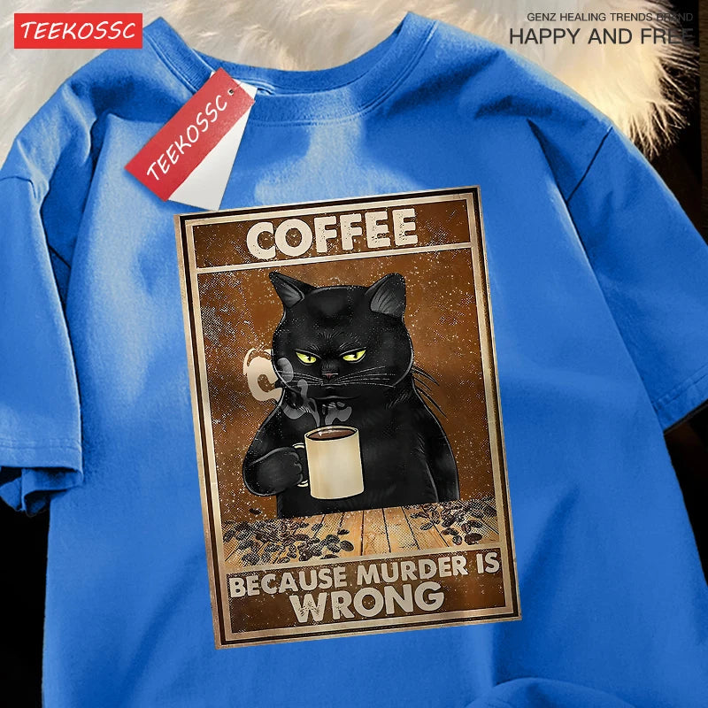 Men & Women Oversized T Shirts™ Black Cat Drink Coffee Cotton Streetwear T-Shirt