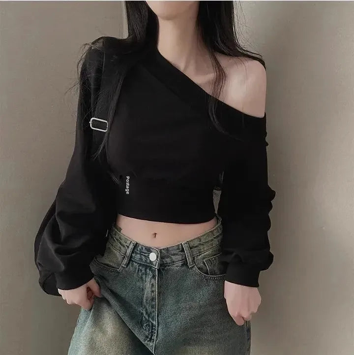 Women's Off-the-shoulder Sweatshirt™ Cropped Top Embroidery Loose-fit Windy Sweatshirt
