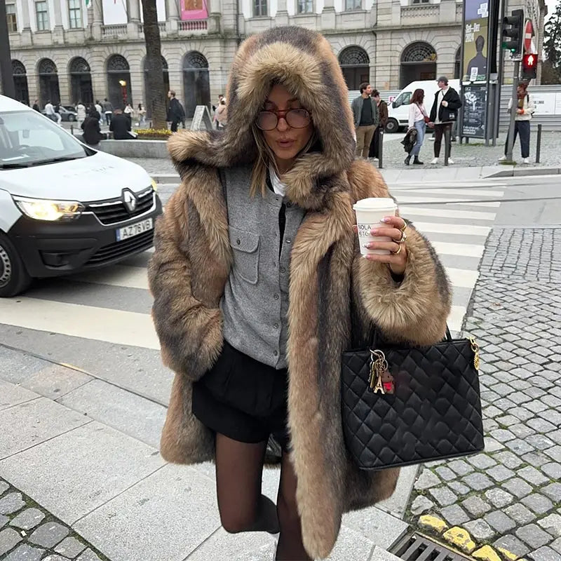 Women's Brown Faux Fur Hooded Coat™  Women Fluffy Loose Long Sleeve Furry Thick Warm Jacket