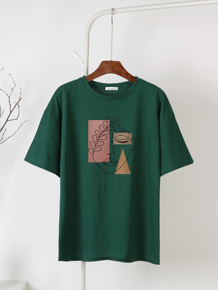 Women's Hirsionsan Aesthetic Character Printed T Shirt™  Vintage Soft Summer Cotton Basic Loose Tops