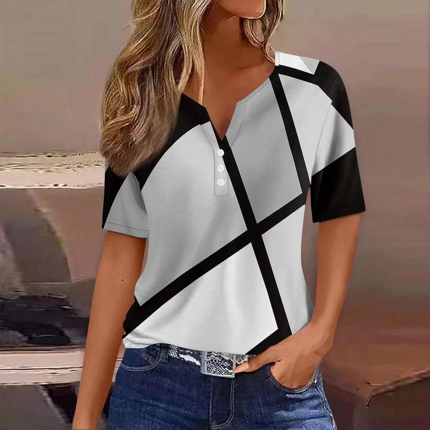 Women's Summer Patchwork T-Shirts™ Short Sleeve Loose Ladies V-Neck Tops