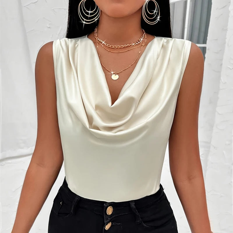 Women's Silk-Like Satin Tank Tops™ Strappy Cowl Neck T-Shirts