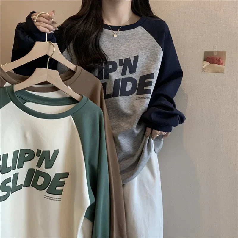 Women's Letter Printed T-Shirt™ Autumn Winter Thickened Frosted Color Block Shoulder Sleeve Lazy Loose Large Version Round Neck T-Shirt