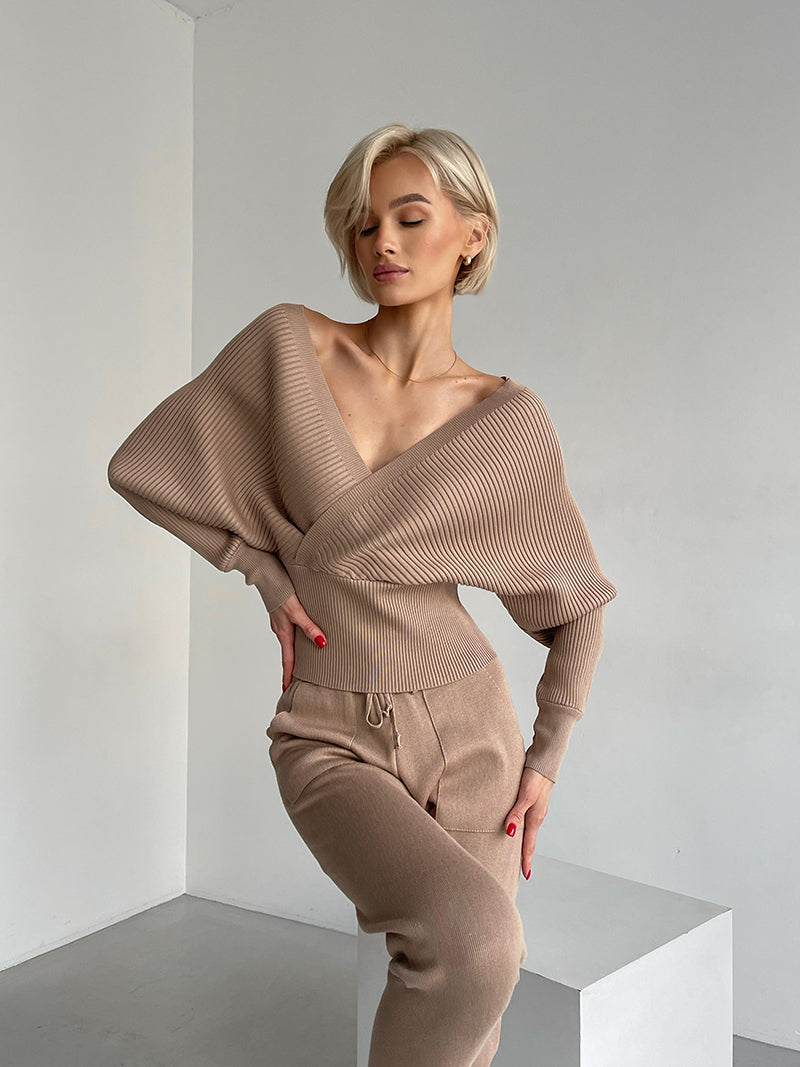 Women's Knitted Tracksuit™ Off Shoulder Knitted Long Sleeve Sweater  and Pants Suits