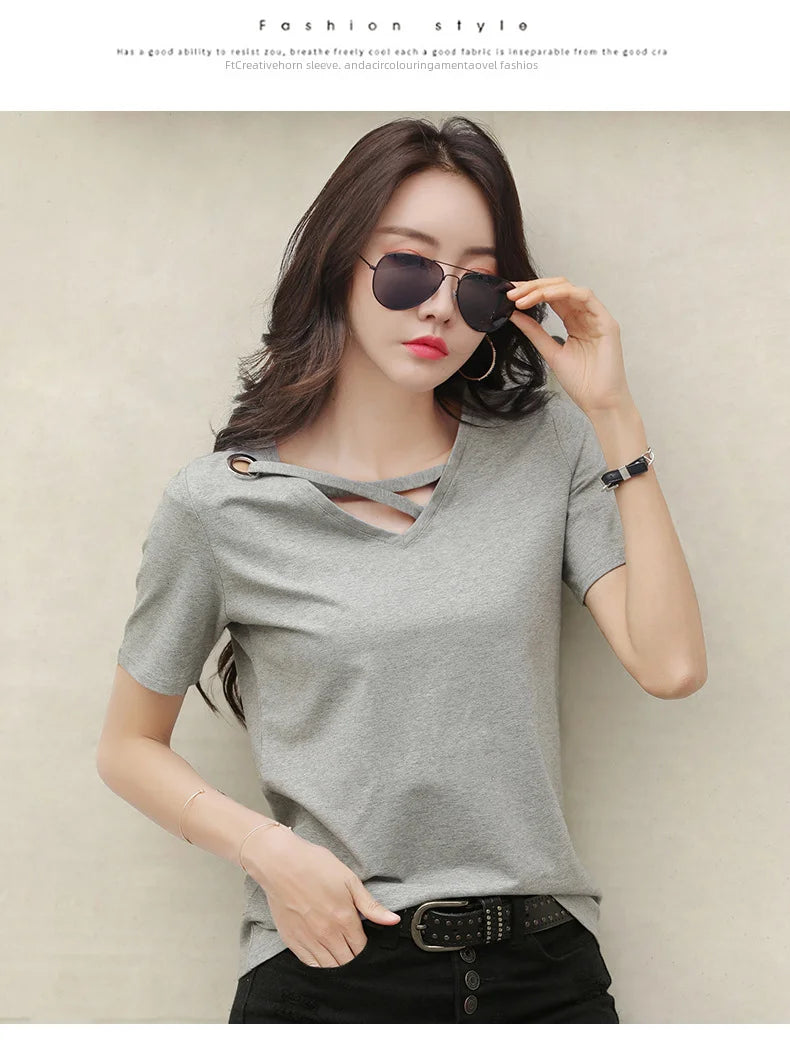Women Short Sleeve Heart-neck T-shirt™ Half-sleeve Loose Tops