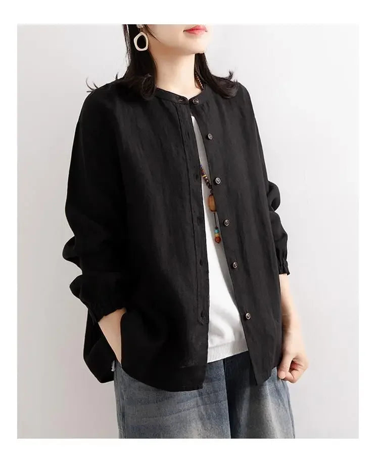 Women's Cotton Linen Shirts™ Loose Fit Round Neck Plus Lantern Sleeve Shirt