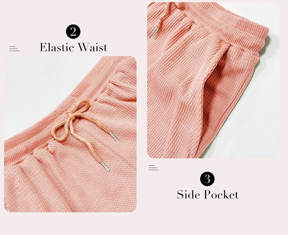 Women's Solid Waffle Textured Shorts Set™ Breathable O-Neck Crop Tank Top & Drawstring Shorts Set