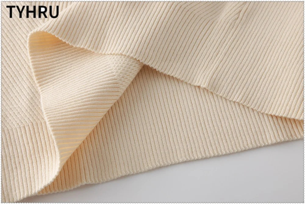 Women's tracksuit™ TYHRU Autumn Winter Knitted Striped Turtleneck Sweater and Elastic Trousers Set