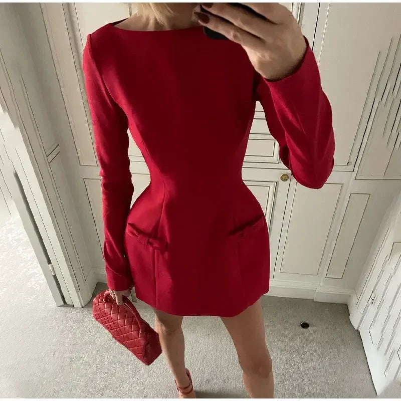 Women's Red Dress™ Double Bow Round Neck Long Sleeve Mini Dress Slim Fit High Waist Dress
