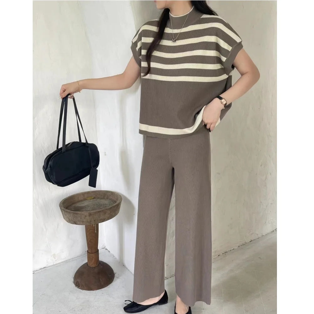 Women's Summer Suit™ 2 Pieces Set O-Neck Sleeves Tank Top Stripe Sweater Wide Leg Pant Set Outfit