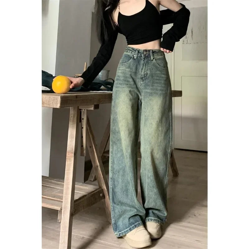 Women's Baggy Jeans™ Y2K Vintage Irregular High Waist Slimming Wide Leg Mop Long Pants Blue Baggy Jeans
