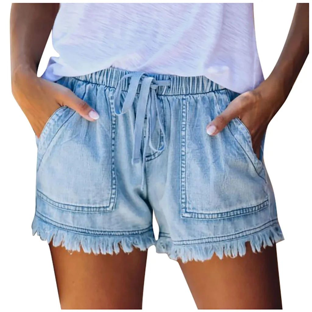 Women's Denim Shorts™ Drawstring Elastic Waisted Pocket Tassel Hem Soft Summer Shorts