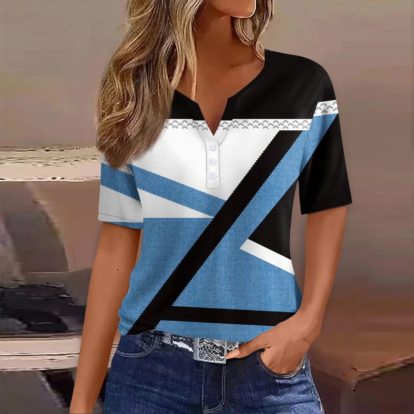 Women's Summer Patchwork T-Shirts™ Short Sleeve Loose Ladies V-Neck Tops
