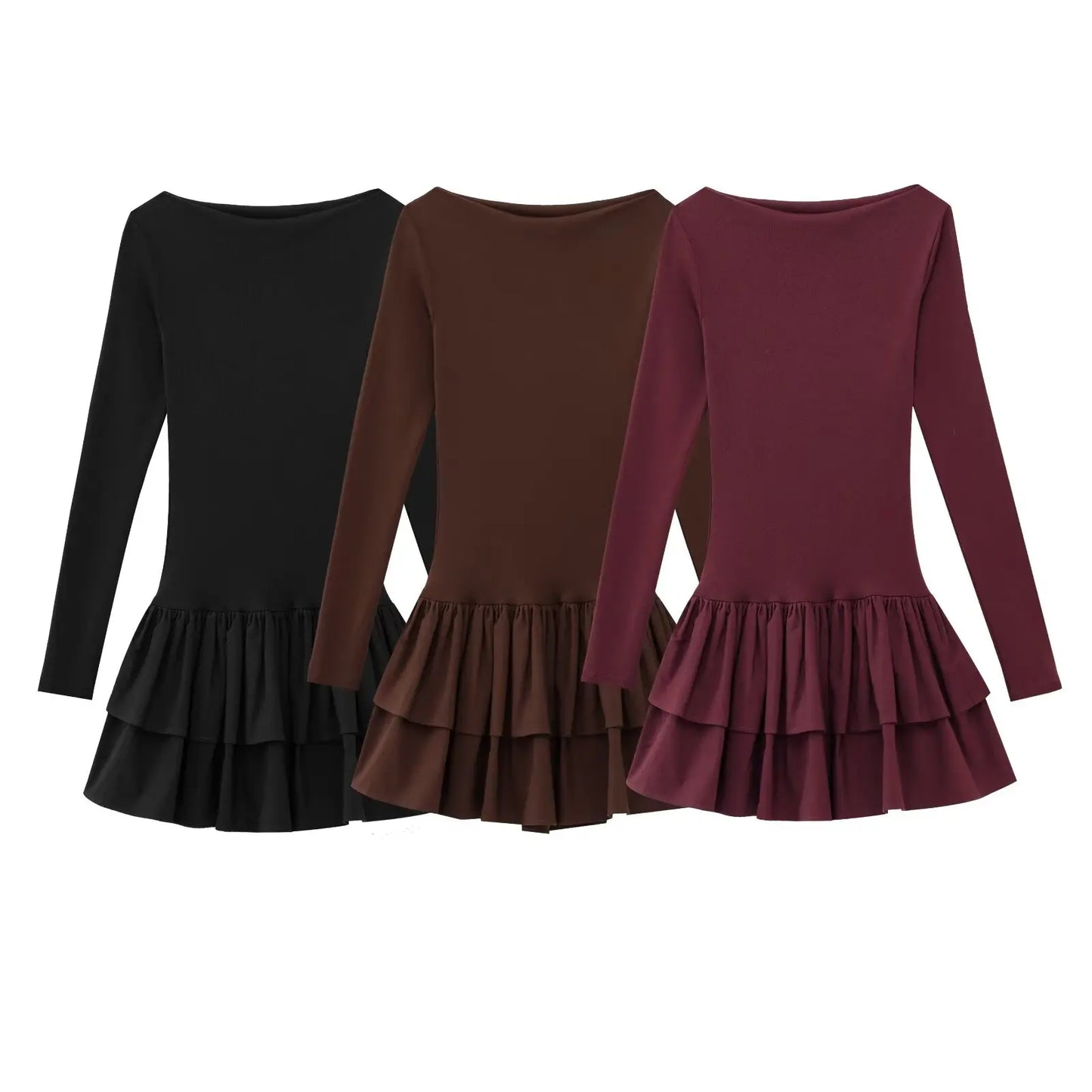 Women Dress™ TRAFZA Long Sleeve Dress Layered Hem Stretch Slim Brown Short Dress