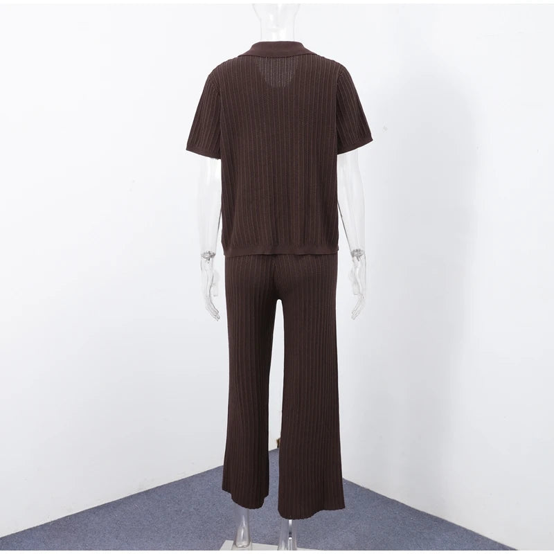 Women's Knitted Pants & Tops Set™ Turn Down Collar Half Sleeve Tops & Elastic Waist Straight Trousers Outfits