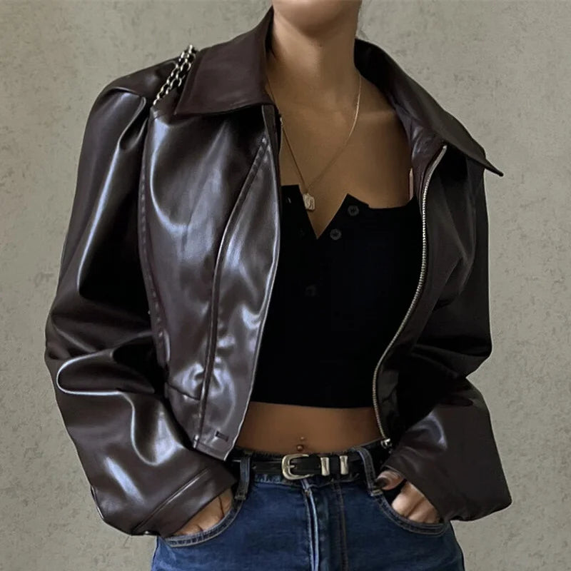 Women's Faux Leather Short Jacket™ Y2K Turn-down Collar Fashion Grunge Street Casual Coats