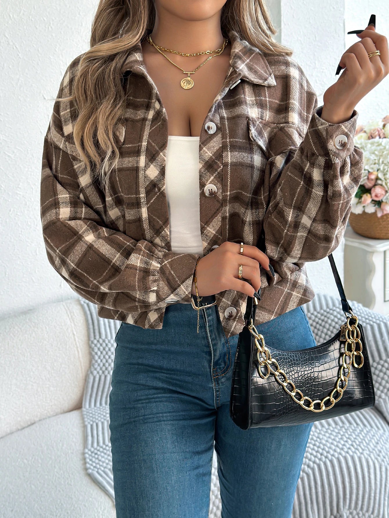 Women's Plaid Short Coat™ Lantern Long Sleeve Turn-Down Collar Button Woolen Jacket