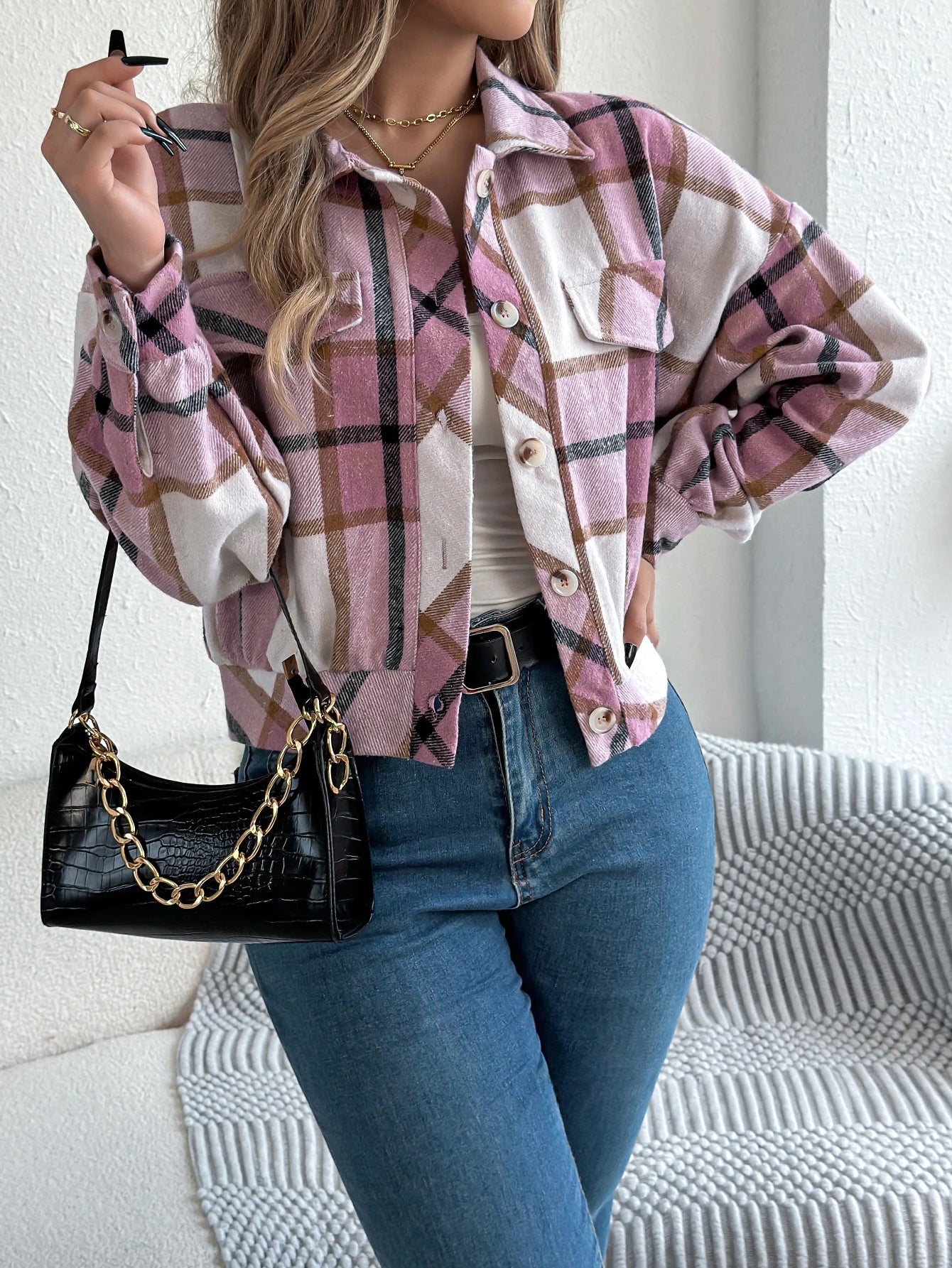Women's Plaid Short Coat™ Lantern Long Sleeve Turn-Down Collar Button Woolen Jacket