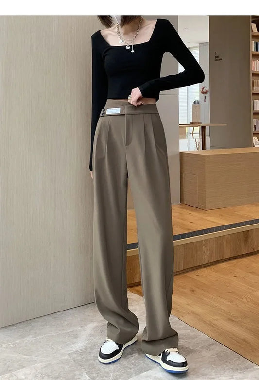 Women's High-Waisted Draped Bell Bottom Trousers™ Loose-Fit Floor-Length Straight-Leg Pants