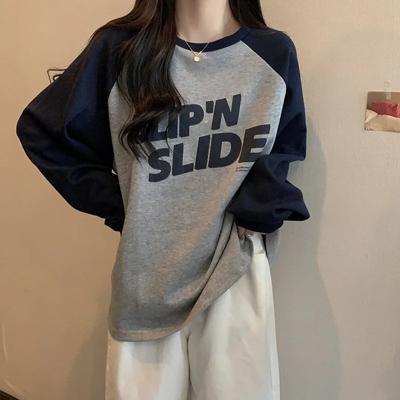 Women's Letter Printed T-Shirt™ Autumn Winter Thickened Frosted Color Block Shoulder Sleeve Lazy Loose Large Version Round Neck T-Shirt