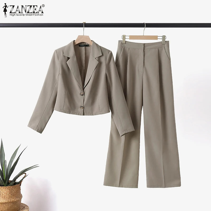 Women's Vintage Tracksuit™ ZANZEA Elegant Blazer Long Sleeve Tops Wide Leg Pants Work Suit