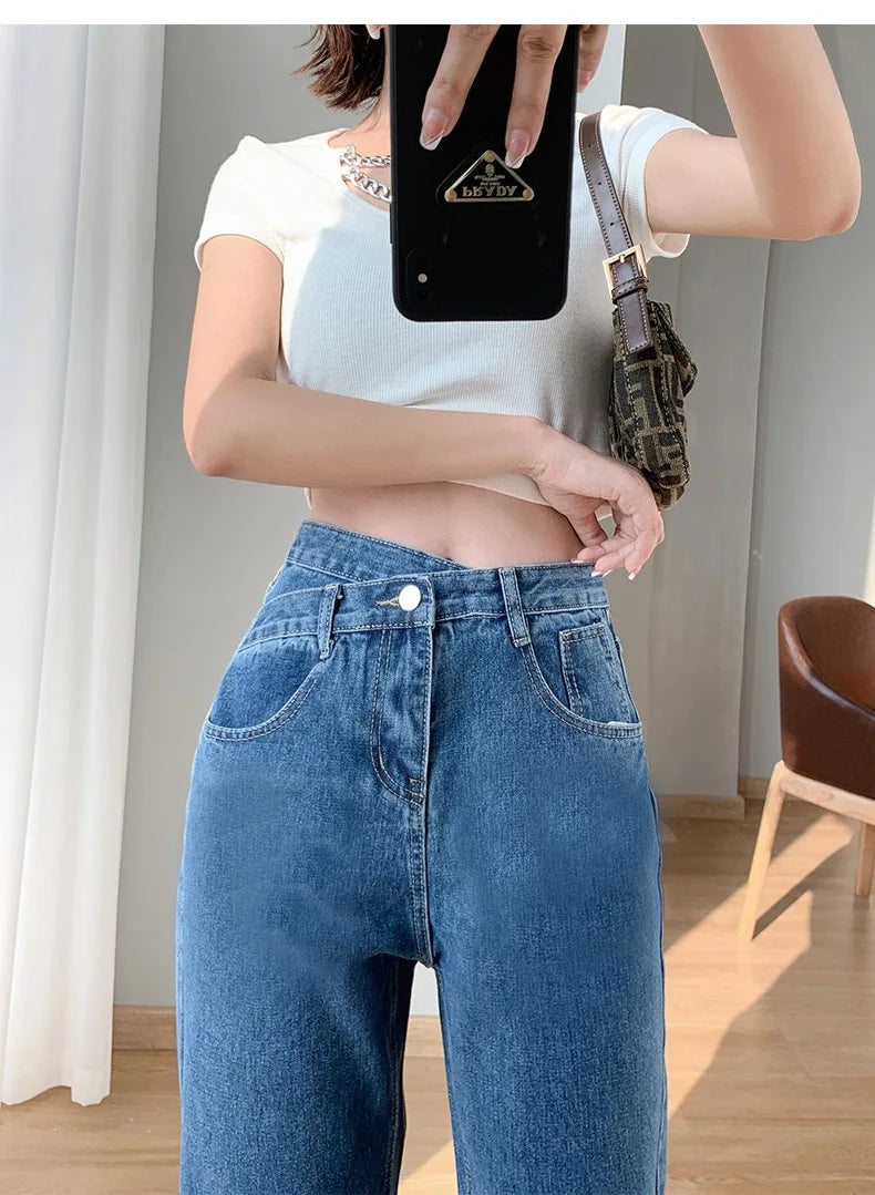 Women's Denim Jeans™ Irregular High-Waisted Wide Straight-Leg Draped Trousers