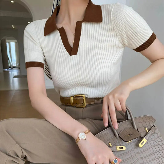 Women's V Neck Knitted Tops™ Short Sleeve Slim Casual Vintage T-shirt