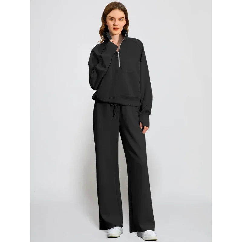 Women's European Style 2-Piece Set™ Zip Up Polo Shirt Wide Leg Sweatpants Casual Suit