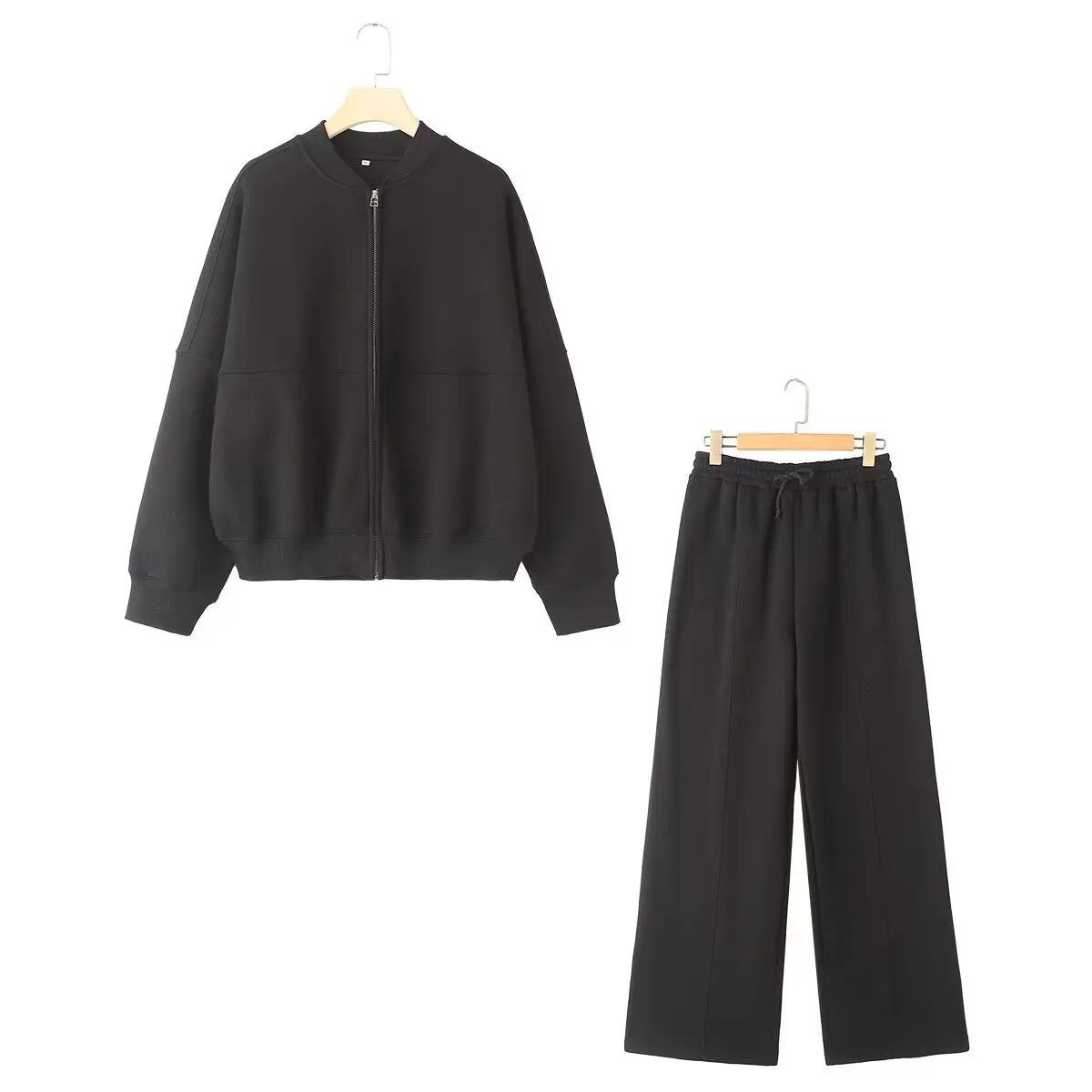 TRAFZA Women's Suits™ Retro Zip Bomber Jacket Sweatshirt and High Waist Lace Up Wide Leg Pants