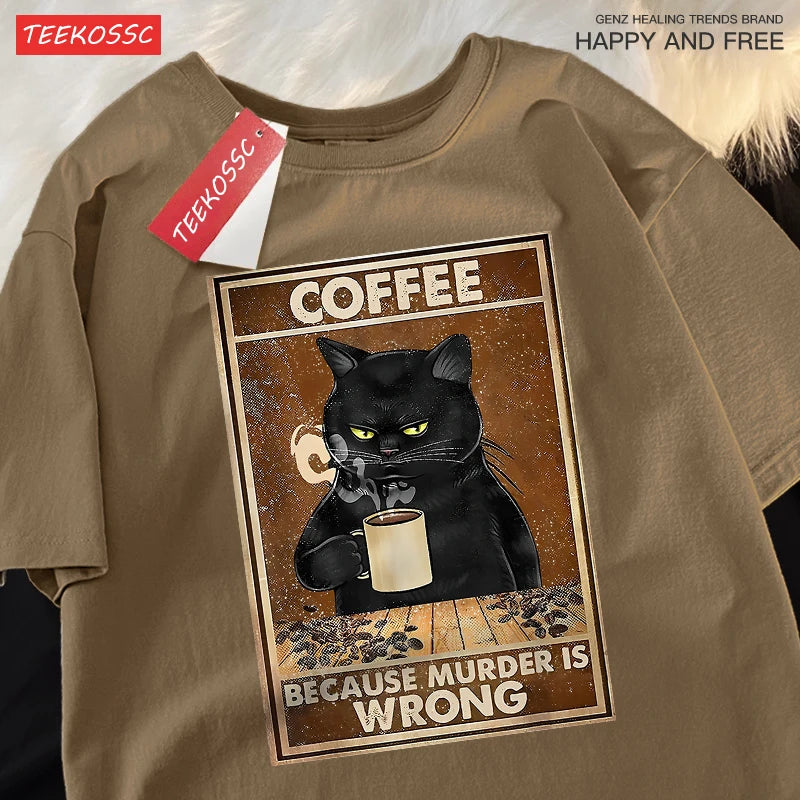 Men & Women Oversized T Shirts™ Black Cat Drink Coffee Cotton Streetwear T-Shirt