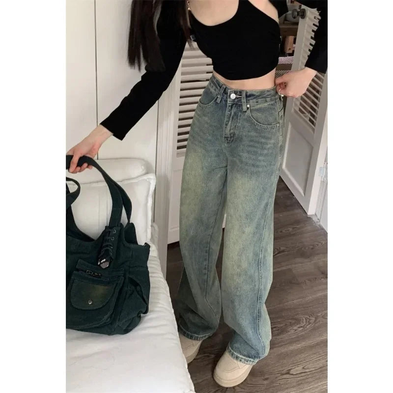 Women's Baggy Jeans™ Y2K Vintage Irregular High Waist Slimming Wide Leg Mop Long Pants Blue Baggy Jeans