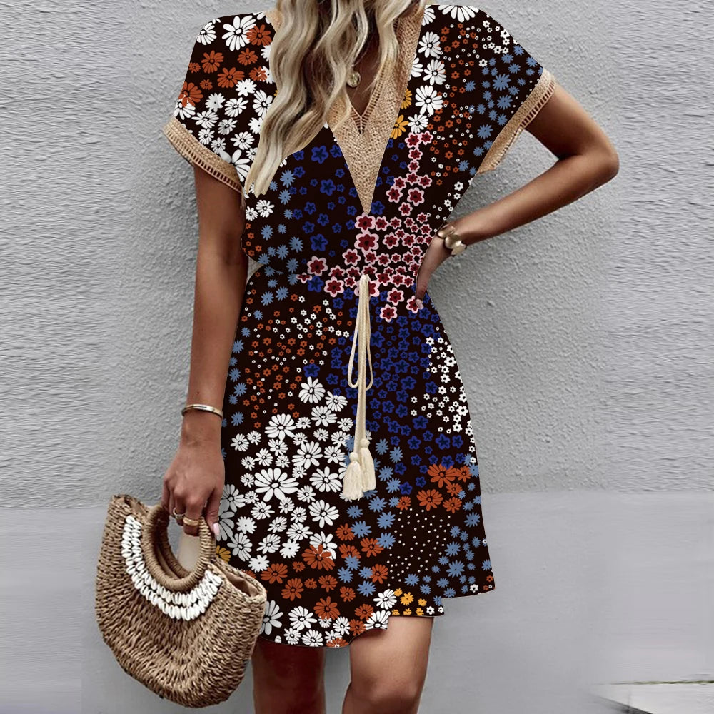 Women's Medium Length Dress™ Bat Sleeves  V-Neck Waist Wrap Lace Dress