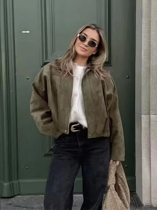Women's Green Suede Jacket™ Spring Long Sleeve Zipper Oversize Bomber Outerwear