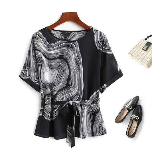 Women's Black Vortex Striped Print Vintage T-Shirt Chiffon O-Neck Short Sleeve Lace-up T-shirt