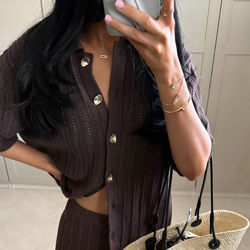Women's Knitted Pants & Tops Set™ Turn Down Collar Half Sleeve Tops & Elastic Waist Straight Trousers Outfits