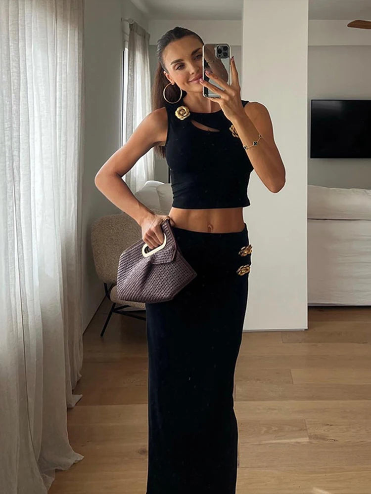 Women's Flower Hollow Out Suit™ Women Top Slim Sleeveless Tank High Waist Hip Package Skirt Suit