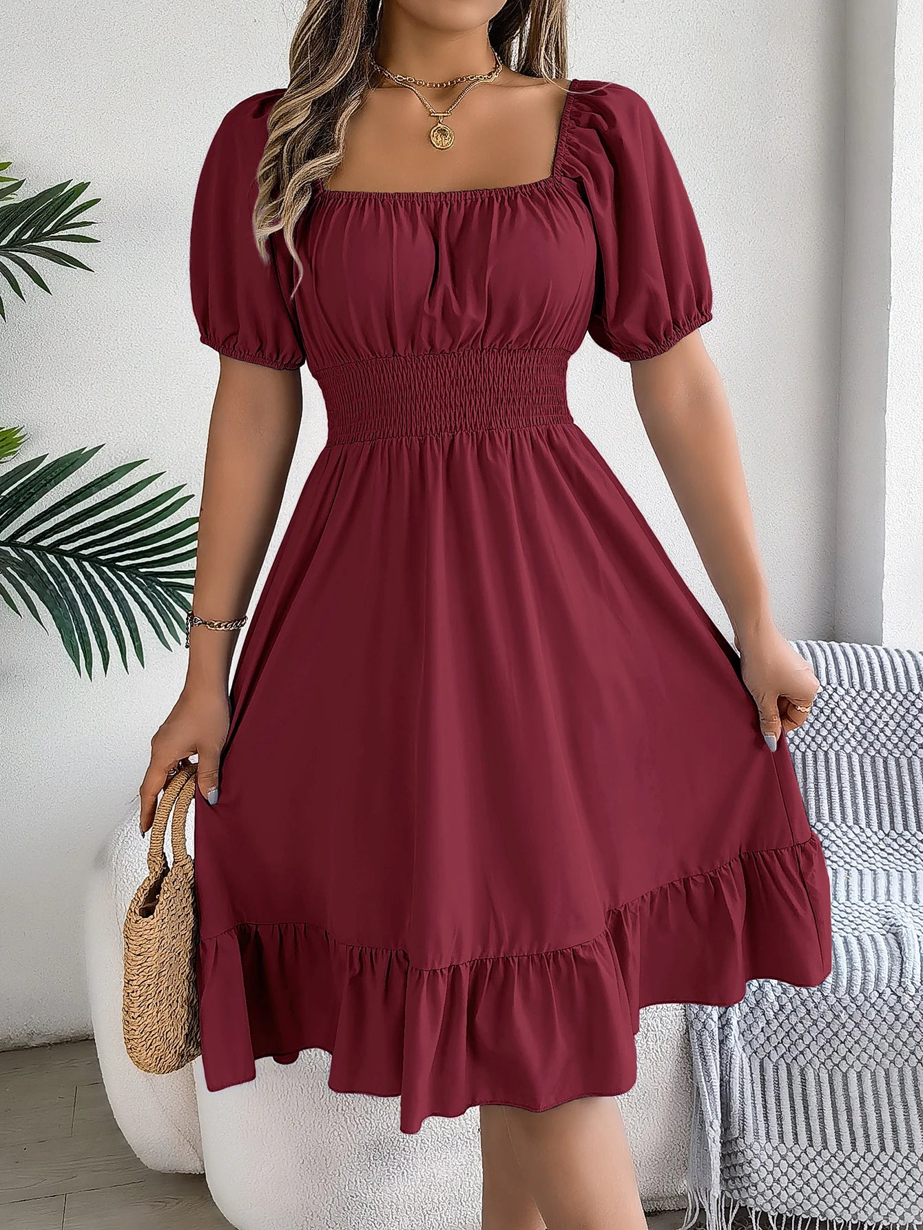 Women's Solid Puff Sleeve Square Neck Dress™ Ruched Bust Ruffle Hem Waist Dress,
